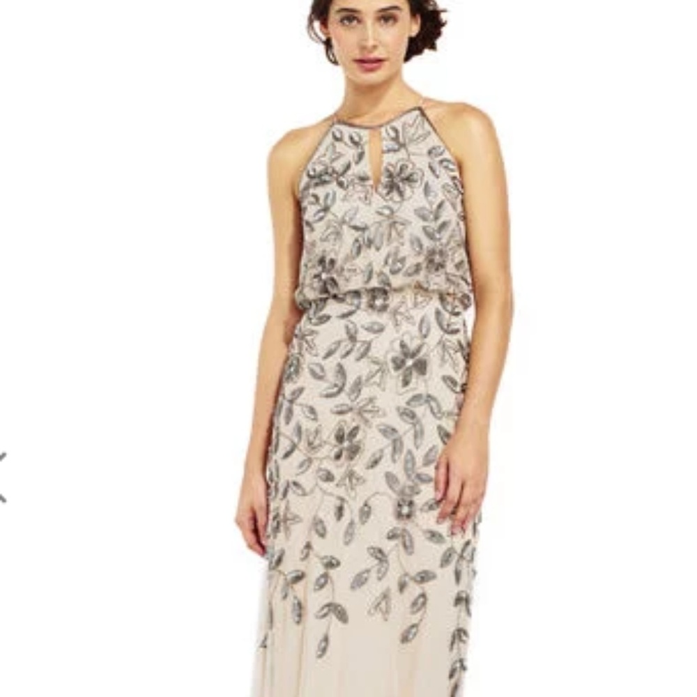 Adrianna Papell Floral Beaded Blouson Halter Gown